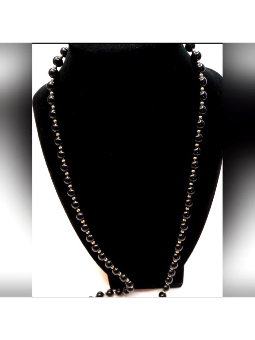 Monet Black with Gold Tone Spacers Beaded Necklace ~ Signed ~ 30"